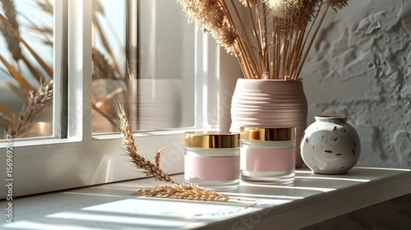Fototapeta Cream jars with golden lids and dried wheat stalks decorative vase ceramic vase