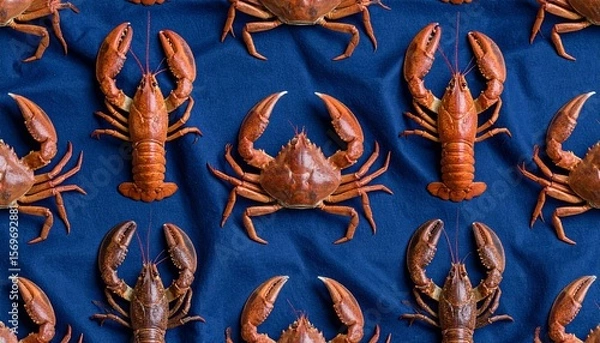 Fototapeta Seamless pattern of crabs and lobsters on dark blue fabric flat lay