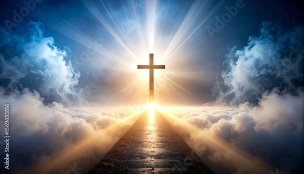Fototapeta The Path to Enlightenment, A Tunnel of Light Leading to a Cross