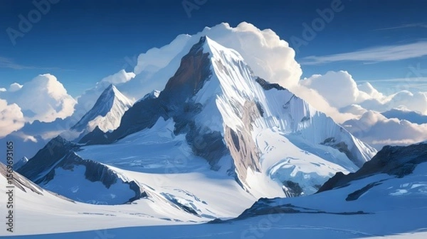 Fototapeta Majestic snow covered mountain peaks under a blue sky with clouds image
