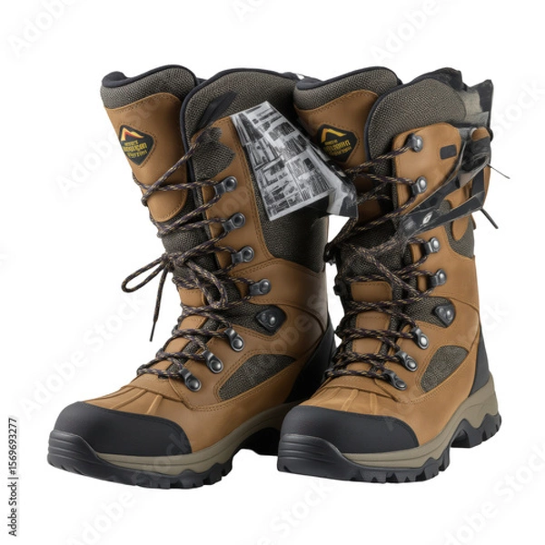 Obraz A pair of new brown and grey hiking boots with laces and tags, designed for demanding outdoor adventures. Autumn & Winter Outdoor Activities.