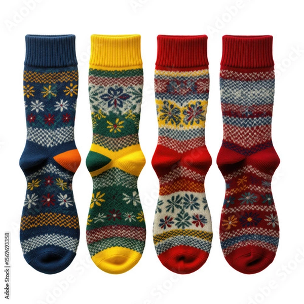 Obraz Four colorful knitted socks with traditional Fair Isle patterns arranged on a white background, Winter fashion.