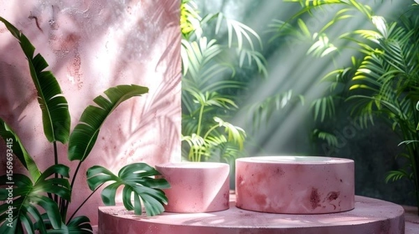 Fototapeta Pink concrete pedestals with lush green foliage and dappled sunlight display stands