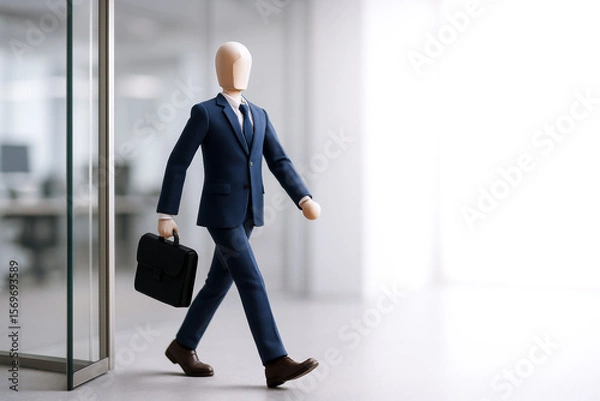 Fototapeta Mannequin dressed in formal suit walking in office environment with briefcase, conveying sense of daily work routine and stress but also moments of relaxation