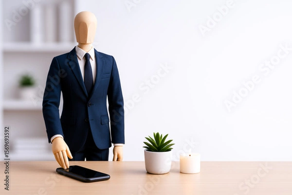 Fototapeta Mannequin dressed in formal suit stands on desk with tablet, potted plant, and candle, creating scene that evokes daily work routine and stress with touch of relaxation in modern office setting