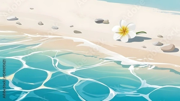 Fototapeta Serene Ocean Shore With White Flower And Smooth Stones beach water