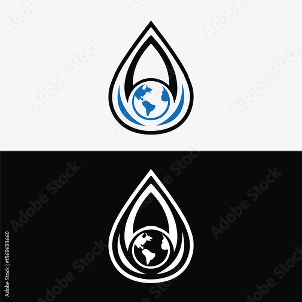 Fototapeta Water drop logo featuring a globe isolated on white background symbolizes environmental conservation and global sustainability