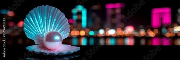Fototapeta A luminous pearl nestled in a shell, set against a dark bokeh background with colorful lights.