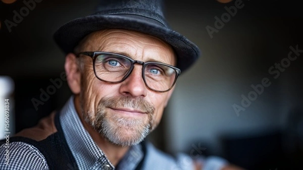 Fototapeta Middle-aged bearded man wearing glasses and a hat, smiling confidently in a modern setting