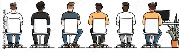 Fototapeta Back view of diverse individuals seated at desks, focused on their work in a modern office setting isolated on white wide illustration company poster or banner