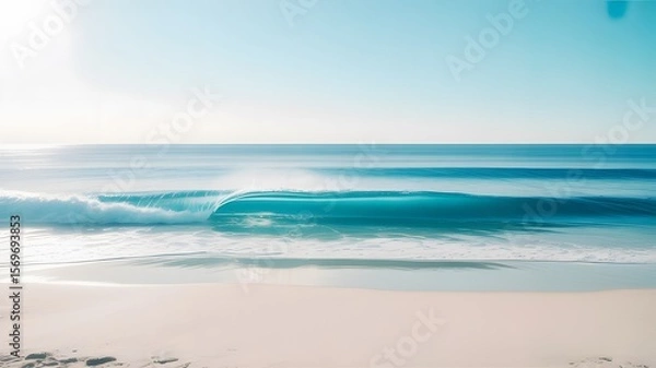 Fototapeta Turquoise wave cresting on a pale sand beach under a clear sky ocean water
