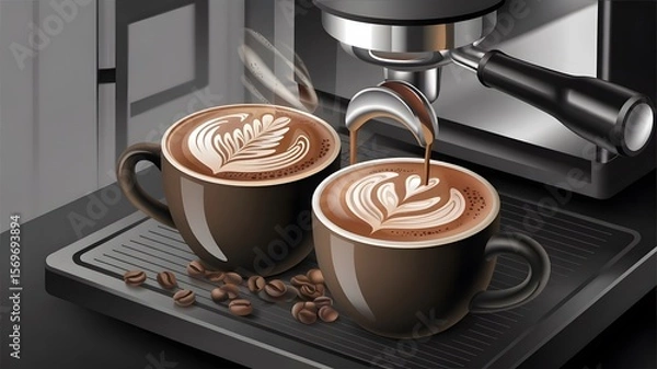 Fototapeta Two brown cups with latte art and coffee beans near espresso machine image