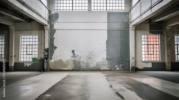 Fototapeta Vast industrial interior with grimy walls and large windows factory warehouse
