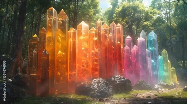 Fototapeta Vibrant forest crystals glowing with rainbow hues nature sunlight