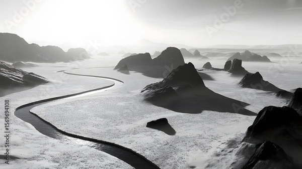 Fototapeta Winding river through stark mountain landscape black and white mountains