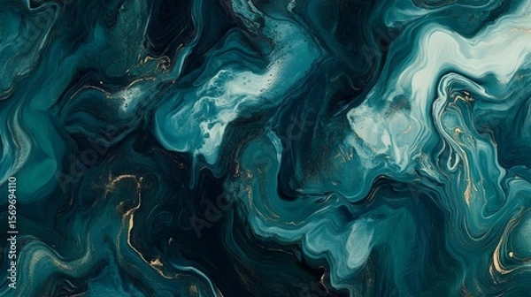 Fototapeta Abstract teal and gold marbling background with liquid textures interplay