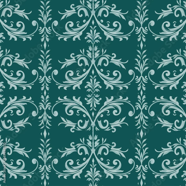 Fototapeta Elegant Teal Damask Pattern Background - Seamless Floral Wallpaper