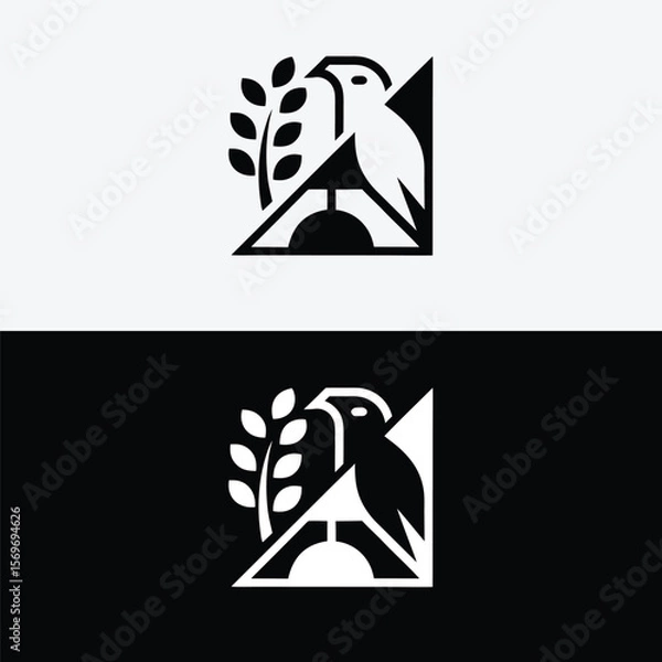 Fototapeta A minimalist logo featuring a falcon perched on a branch, isolated on white background