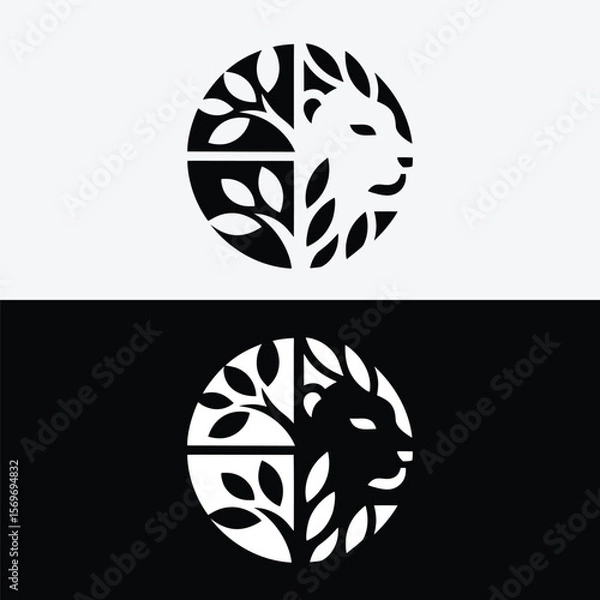 Fototapeta Lion and tree logo design isolated on white background