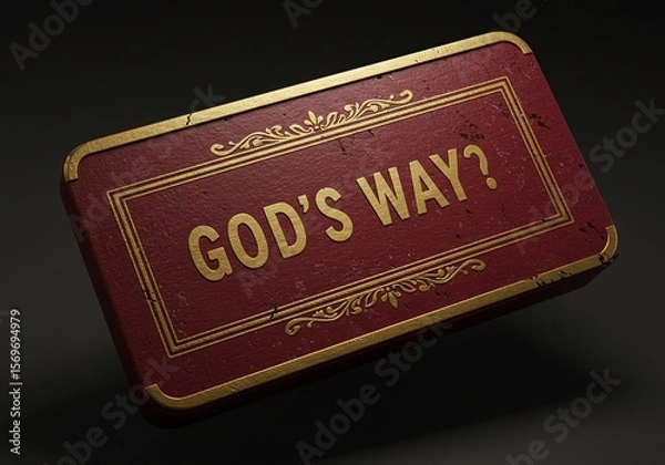 Fototapeta "GOD'S WAY?" Embossed Text on Vintage Red Book or Box - Mysterious and philosophical concept, ideal for themes of faith, spirituality, divine guidance, or ancient wisdom.