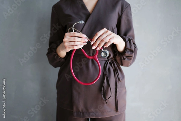 Fototapeta Close-up of female doctor holding red stethoscope in hands while wearing dark medical uniform against gray background.
