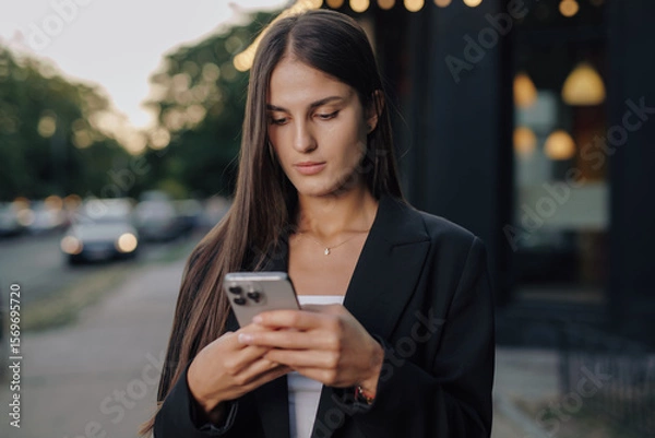 Obraz Business woman using smartphone at city street
