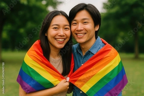 Fototapeta Couple with rainbow pride flag, Smiling Asian couple wrapped in rainbow pride flag poses outdoors in green park. Support for LGBTQ+ rights. Expression of love, acceptance, and equality concept