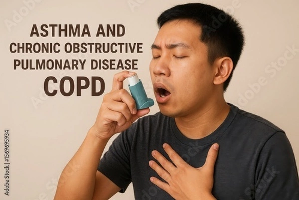 Fototapeta Man using inhaler for COPD, Young Asian man with closed eyes uses blue inhaler while holding chest. Text on wall highlights asthma and COPD. Indoor setting. Respiratory illness and treatment concept