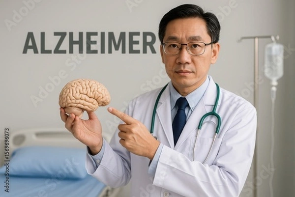 Fototapeta Doctor explaining Alzheimer's, Asian male doctor wearing white coat and stethoscope points to brain model with Alzheimer text in background. Medical education and cognitive health concept