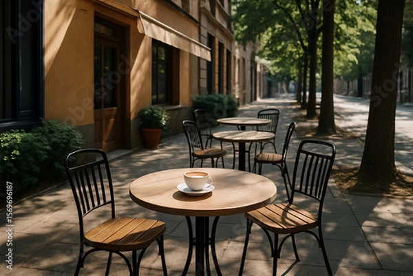 Obraz A shaded retreat of calm and caffeine — where early hours and tree-lined streets blend into serene ritual.