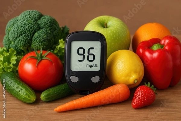 Fototapeta Glucometer with healthy food, Digital glucometer showing 96 mg/dL placed among fresh vegetables and fruits. Healthy diet concept for diabetes control. Natural lighting and wooden surface