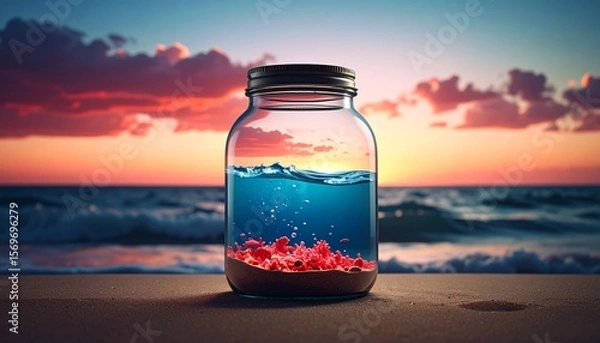 Fototapeta Red Sea parting inside a glass jar on the shore abstract background