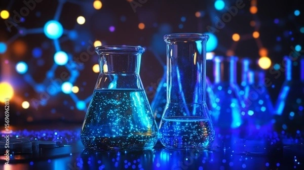 Fototapeta Futuristic Science, Beakers and Molecular Networks in a Neon Glow Laboratory
