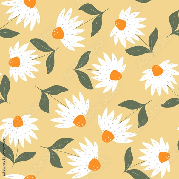 Fototapeta Hand-drawn daisy flowers seamless pattern print design. Vector illustration design for fashion fabrics, textile graphics and prints.