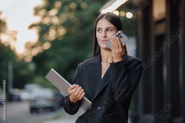 Obraz Elegant business woman send a voice message in the city