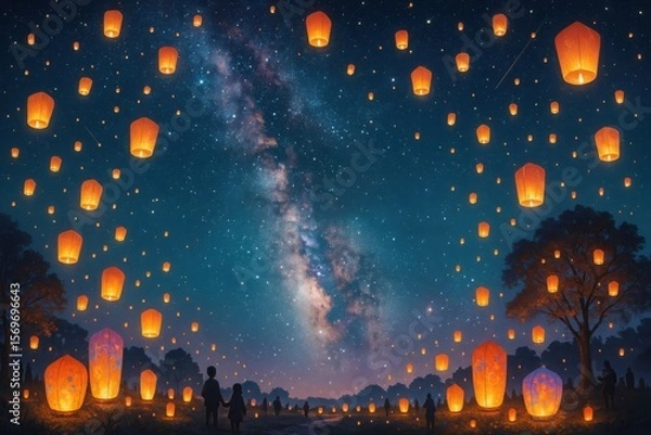 Fototapeta Lantern festival night, Many glowing lanterns float into a starry night sky under the Milky Way. Silhouettes of people watch below. Vibrant festival scene. Light, celebration, and wonder concept