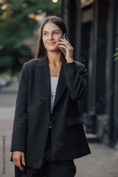 Obraz Elegant business woman talking by smartphone in the city
