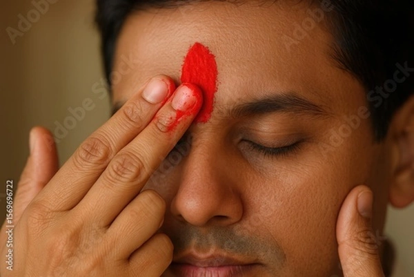 Fototapeta Man applying tilak, Young Indian man with closed eyes applies red tilak on forehead using fingers. Close-up shot. Natural lighting. Cultural ritual. Hindu tradition and spiritual symbolism