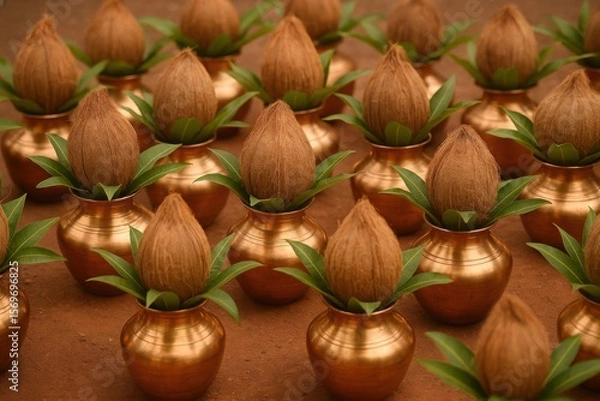 Fototapeta Kalash with coconut, Rows of copper kalash pots topped with coconuts and green leaves on brown soil. Symmetrical arrangement. Hindu religious offering. Cultural symbolism and rituals