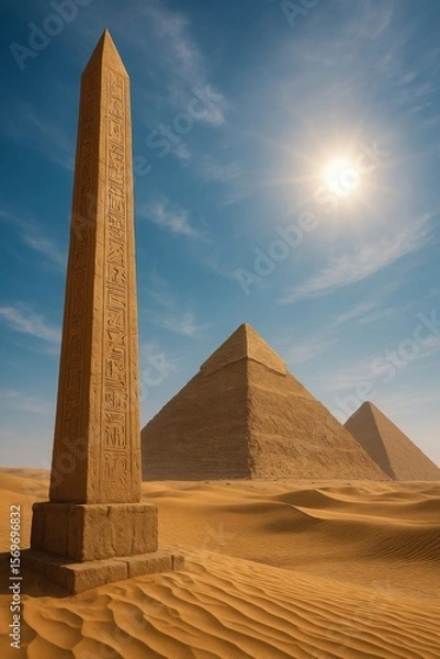 Fototapeta Egyptian monument, Ancient Egyptian obelisk with hieroglyphs near pyramids in sandy desert. Clear blue sky and bright sun. Historical architecture. Archeology and ancient civilization concept