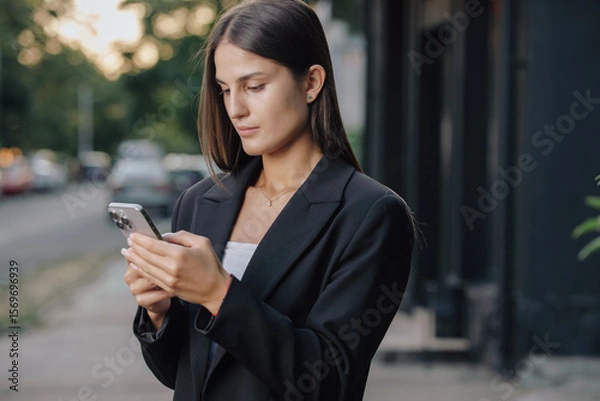 Obraz Business woman using smartphone at city street