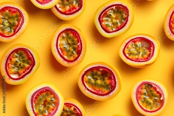 Fototapeta Passion Fruit Pattern with Yellow Background.