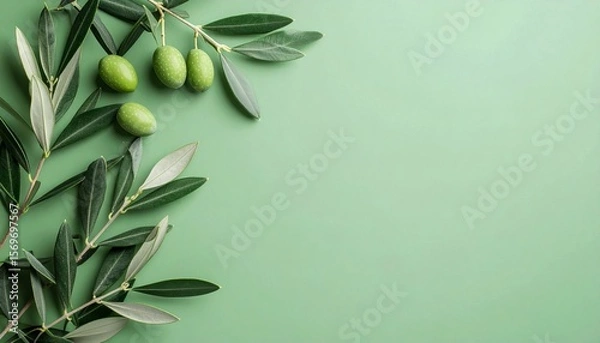 Fototapeta Elegant olive branch flat lay on soft green background for food ads