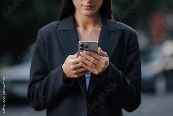 Obraz Hands of business woman using smartphone at city street