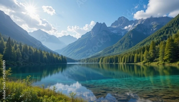 Fototapeta Serene alpine lake reflects majestic mountains under a bright sunny sky