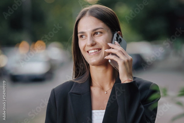 Obraz Elegant smiling business woman talking by smartphone in the city