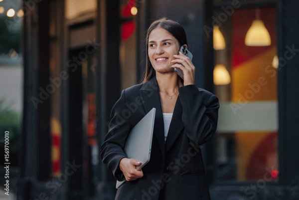 Obraz Elegant business woman talking by smartphone in the city