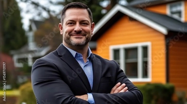 Fototapeta Businessman portrait in front of a house.  Possible use  Business headshot