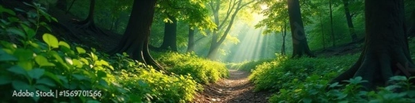 Fototapeta Mysterious Forest Path Sunlight Dapples a Winding Trail Leading to an Unknown Destination, Inviting Exploration and Adventure