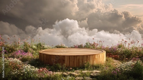Obraz A wooden circular platform surrounded by colorful wildflowers under a dramatic cloudy sky.